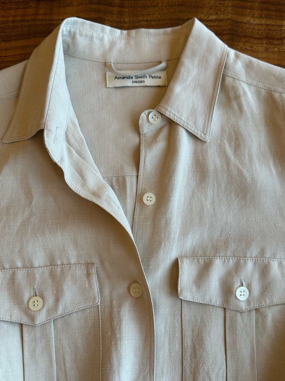 Amanda Smith Beige Midi Shirt Dress with Waist Tie. Silk, Linen. Safari style - Picture 4 of 5
